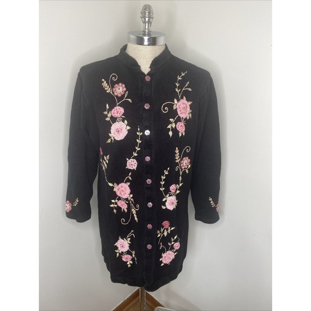Storybook Knits Cardigan Sweater 1X HSN Flowers Embroidery Beaded Floral Maxi